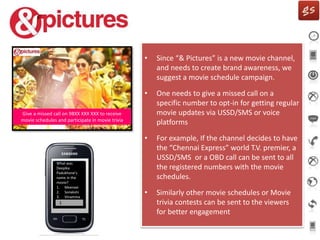 Give a missed call on 98XX XXX XXX to receive
movie schedules and participate in movie trivia
• Since “& Pictures” is a ne...