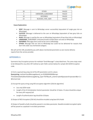 102
©Gupshup 2021
20 OTHER FAILED
3 UNKNOWN_SUBSCRIBER FAILED
10 DEFERRED FAILED
22 BLOCKED_FOR_USER FAILED
Cause Explanation:
• SENT: Message is sent to WhatsApp server successfully (equivalent of single grey tick on
WhatsApp)
• SUCCESS: Message is delivered to the user on WhatsApp (equivalent of two grey ticks on
WhatsApp)
• READ: Message is read by the user on WhatsApp (equivalent of two blue ticks on WhatsApp)
• UNKNOWN_SUBSCRIBER: Unknown/invalid number/does not exist on WhatsApp
• DEFERRED: Messages that could not be sent to WhatsApp
• OTHER: Message that are sent to WhatsApp but could not be delivered for reasons that
don’t fall under any mentioned category
We will call the URL provided by you with above mentioned parameters as we receive delivery
reports from the service provider.
APPENDIX A
Symmetric Key Encryption process for method=“Send Message” is described here. The same steps need
to be followed for any other API method as well. Refer section below for sample AES GCM Encryption
code.
1) Form a querystring using rest of the API parameters and its values:
Querystring: method=SendMessage&send_to=919XXXXXXXXX&msg=
This%20is%20a%20test%20message&msg_type=TEXT&auth_scheme=plain&password=password&v=1.1
&format=text
2) Encrypt the query string using AES encryption algorithm (256-bit algorithm)
 Use only GCM mode
 Length of the IV (Initialization Vector) parameter should be 12 bytes. IV value should be unique
for every API request/call.
 Length of authentication tag should be 16 bytes
3) Output of AES Encryption (256 bit) should be encoded using base 64 Urlsafe
4) Output of base64 urlsafe should be passed in encrdata parameter. Base64 encoded encrypted cipher
will be passed as a payload in encrdata parameter.
 