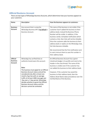 14
©Gupshup 2021
Official Business Account
There are two types of WhatsApp Business Accounts, which determines how your business appears to
your customers.
Name Description How the Business appears to customers
Business
Account
Any account that is using the
WhatsApp Business API is by default a
Business Account.
The name of the business is not visible if the
customer hasn't added the business to their
address book; instead the Business Phone
Number will be visible. In addition, if the
business sends a template notification which
contains a link, then links will not be clickable.
Once the customer adds the business to their
address book or replies on the WhatsApp chat,
the links become clickable.
We recommend that the first notification sent
to users instruct them to save the number in
their address book.
Official
Business
Account
WhatsApp has verified that an
authentic brand owns this account.
Note:
The business must apply for an Official
Business Account status and will be
considered only after at least one
month of go-live with an average.
traffic of at least 1000 messages per
Day over a 7-day period. WhatsApp
decides whether to grant the Official
Business Account status and the
decision cannot be contested.
An Official Business Account has a green
checkmark badge in its profile and next to the
header in the chat thread. The name of the
business is visible even if the customer has
not added the business to their address book.
However, if the customer has saved the
business to their address book, then the
Address Book Name takes precedence over the
Verified Name of the Business.
 