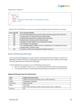 24
©Gupshup 2021
A typical error response is
Below is the list of API failure or errors in case request is badly formed or parameters are missing
Error code (id) Error message (details)
100 An unknown exception has occurred. Please retry the request after some time.
101 The parameter X is required. Please resend request.
102 Authentication failed due to invalid userId or password.
103 Authentication Failed as userid X does not exist.
105 The phone number XXXXX is not a valid phone number.
106 The method is not supported.
175 The "INTERNATIONAL_PHONE" service is disabled for you. Kindly get the service
enabled before using this action
322 The phone number has already been marked as Opt-out
Send a Notification Message
Use the Gupshup Messaging API to send a business-initiated notification message to a customer on
WhatsApp. Sending notifications on WhatsApp requires adherence to opt-in policies and message
template approval process instituted by WhatsApp.
To send a Notification message to a user on WhatsApp, please ensure:
 The user is already an “Opt-in” user i.e. you have called the OPT_IN API method previously
 The message template is already approved by WhatsApp and Gupshup has confirmed this
Supported Message Types for Notifications
Type Supported Content-types
Text English and Unicode characters (max. 1024 characters)
Image image/jpeg, image/png
Document application/pdf
Video video/mp4
Note: Only H.264 video codec and AAC audio codec is supported.
Location n/a
{
"response": {
"id": "105",
"phone": "",
"details": "The phone number "666" is not a valid phone number",
"status": "error"
}
}
 