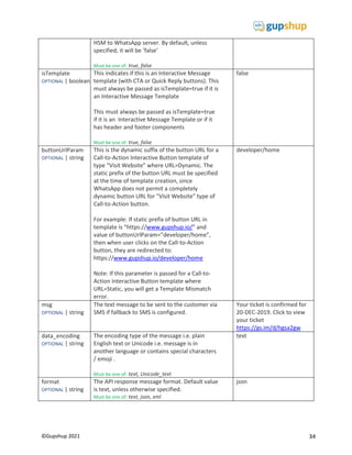 34
©Gupshup 2021
HSM to WhatsApp server. By default, unless
specified, it will be ‘false’
Must be one of: true, false
isTemplate
OPTIONAL | boolean
This indicates if this is an Interactive Message
template (with CTA or Quick Reply buttons). This
must always be passed as isTemplate=true if it is
an Interactive Message Template
This must always be passed as isTemplate=true
if it is an Interactive Message Template or if it
has header and footer components
Must be one of: true, false
false
buttonUrlParam
OPTIONAL | string
This is the dynamic suffix of the button URL for a
Call-to-Action Interactive Button template of
type “Visit Website” where URL=Dynamic. The
static prefix of the button URL must be specified
at the time of template creation, since
WhatsApp does not permit a completely
dynamic button URL for “Visit Website” type of
Call-to-Action button.
For example: If static prefix of button URL in
template is “https://www.gupshup.io/” and
value of buttonUrlParam=”developer/home”,
then when user clicks on the Call-to-Action
button, they are redirected to:
https://www.gupshup.io/developer/home
Note: If this parameter is passed for a Call-to-
Action Interactive Button template where
URL=Static, you will get a Template Mismatch
error.
developer/home
msg
OPTIONAL | string
The text message to be sent to the customer via
SMS if fallback to SMS is configured.
Your ticket is confirmed for
20-DEC-2019. Click to view
your ticket
https://gs.im/d/hgsa2gw
data_encoding
OPTIONAL | string
The encoding type of the message i.e. plain
English text or Unicode i.e. message is in
another language or contains special characters
/ emoji .
Must be one of: text, Unicode_text
text
format
OPTIONAL | string
The API response message format. Default value
is text, unless otherwise specified.
Must be one of: text, json, xml
json
 