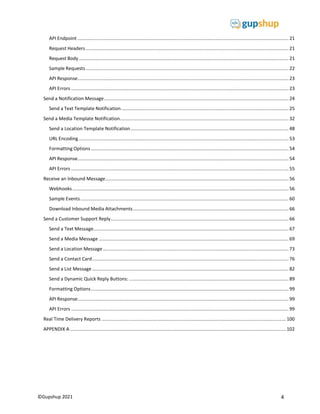 4
©Gupshup 2021
API Endpoint ................................................................................................................................................................ 21
Request Headers.......................................................................................................................................................... 21
Request Body ............................................................................................................................................................... 21
Sample Requests.......................................................................................................................................................... 22
API Response................................................................................................................................................................ 23
API Errors ..................................................................................................................................................................... 23
Send a Notification Message............................................................................................................................................ 24
Send a Text Template Notification............................................................................................................................... 25
Send a Media Template Notification................................................................................................................................ 32
Send a Location Template Notification........................................................................................................................ 48
URL Encoding ............................................................................................................................................................... 53
Formatting Options...................................................................................................................................................... 54
API Response................................................................................................................................................................ 54
API Errors ..................................................................................................................................................................... 55
Receive an Inbound Message........................................................................................................................................... 56
Webhooks.................................................................................................................................................................... 56
Sample Events.............................................................................................................................................................. 60
Download Inbound Media Attachments...................................................................................................................... 66
Send a Customer Support Reply....................................................................................................................................... 66
Send a Text Message.................................................................................................................................................... 67
Send a Media Message ................................................................................................................................................ 69
Send a Location Message............................................................................................................................................. 73
Send a Contact Card..................................................................................................................................................... 76
Send a List Message ..................................................................................................................................................... 82
Send a Dynamic Quick Reply Buttons: ......................................................................................................................... 89
Formatting Options...................................................................................................................................................... 99
API Response................................................................................................................................................................ 99
API Errors ..................................................................................................................................................................... 99
Real Time Delivery Reports ............................................................................................................................................100
APPENDIX A....................................................................................................................................................................102
 