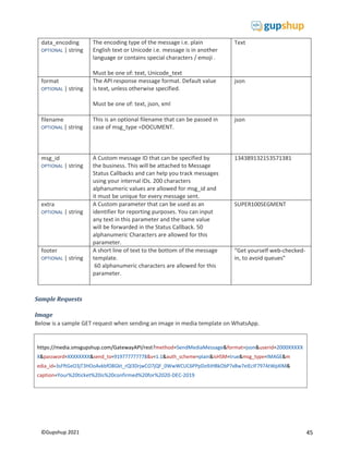 45
©Gupshup 2021
https://media.smsgupshup.com/GatewayAPI/rest?method=SendMediaMessage&format=json&userid=2000XXXXX
caption=Your%20ticket%20is%20confirmed%20for%2020-DEC-2019
data_encoding
OPTIONAL | string
The encoding type of the message i.e. plain
English text or Unicode i.e. message is in another
language or contains special characters / emoji .
Must be one of: text, Unicode_text
Text
format
OPTIONAL | string
The API response message format. Default value
is text, unless otherwise specified.
Must be one of: text, json, xml
json
filename
OPTIONAL | string
This is an optional filename that can be passed in
case of msg_type =DOCUMENT.
json
msg_id
OPTIONAL | string
A Custom message ID that can be specified by
the business. This will be attached to Message
Status Callbacks and can help you track messages
using your internal IDs. 200 characters
alphanumeric values are allowed for msg_id and
it must be unique for every message sent.
134389132153571381
extra
OPTIONAL | string
A Custom parameter that can be used as an
identifier for reporting purposes. You can input
any text in this parameter and the same value
will be forwarded in the Status Callback. 50
alphanumeric Characters are allowed for this
parameter.
SUPER100SEGMENT
footer
OPTIONAL | string
A short line of text to the bottom of the message
template.
60 alphanumeric characters are allowed for this
parameter.
“Get yourself web-checked-
in, to avoid queues”
Sample Requests
Image
Below is a sample GET request when sending an image in media template on WhatsApp.
 