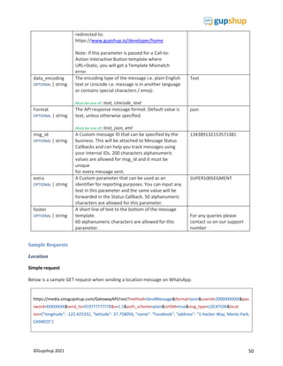 50
©Gupshup 2021
https://media.smsgupshup.com/GatewayAPI/rest?method=SendMessage&format=json&userid=2000XXXXXX&pas
sword=XXXXXXXX&send_to=919777777778&v=1.1&auth_scheme=plain&isHSM=true&msg_type=LOCATION&locat
ion={"longitude": -122.425332, "latitude": 37.758056, "name": "Facebook", "address": "1 Hacker Way, Menlo Park,
CA94025"}
redirected to:
https://www.gupshup.io/developer/home
Note: If this parameter is passed for a Call-to-
Action Interactive Button template where
URL=Static, you will get a Template Mismatch
error.
data_encoding
OPTIONAL | string
The encoding type of the message i.e. plain English
text or Unicode i.e. message is in another language
or contains special characters / emoji.
Must be one of: text, Unicode_text
Text
Format
OPTIONAL | string
The API response message format. Default value is
text, unless otherwise specified.
Must be one of: text, json, xml
json
msg_id
OPTIONAL | string
A Custom message ID that can be specified by the
business. This will be attached to Message Status
Callbacks and can help you track messages using
your internal IDs. 200 characters alphanumeric
values are allowed for msg_id and it must be
unique
for every message sent.
134389132153571381
extra
OPTIONAL | string
A Custom parameter that can be used as an
identifier for reporting purposes. You can input any
text in this parameter and the same value will be
forwarded in the Status Callback. 50 alphanumeric
characters are allowed for this parameter.
SUPER100SEGMENT
footer
OPTIONAL | string
A short line of text to the bottom of the message
template.
60 alphanumeric characters are allowed for this
parameter.
For any queries please
contact us on our support
number
Sample Requests
Location
Simple request
Below is a sample GET request when sending a location message on WhatsApp.
 