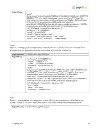 62
©Gupshup 2021
Request Body {
"voice":
"{"signature":"c6ce0840e2c1a7f0248a3dd35bbc516c585428b9e58054018477f33
f20b00541","mime_type":"audio/ogg; codecs=opus","url":"https://gs-
datareceiver-whatsapp.s3.ap-south-1.amazonaws.com/561e4a31-b179-4c3f-ba6a-
da1044ee79c1?X-Amz-Algorithm=AWS4-HMAC-SHA256&X-Amz-
Date=20190730T074746Z&X-Amz-SignedHeaders=host&X-Amz-Expires=172800&X-
Amz-Credential=AKIAJU3SPMQCTHBIWILA%2F20190730%2Fap-south-
1%2Fs3%2Faws4_request&X-Amz-Signature="}",
"waNumber": "919560222091",
"mobile": "919004371797",
"replyId": "3900363981641897487",
"messageId": "custom Message ID", "type": "voice",
"name": "John Smith", "timestamp": "1564472864000"
}
Audio
Below is a sample payload when a customer sends an audio file on WhatsApp to your business number.
WhatsApp does not allow users to send a caption along with audio file attachments.
Request Headers Content-Type: application/json
Request Body {
"waNumber": "919560222091",
"mobile": "919004371797",
"replyId": "3900363981641897487",
"messageId": "custom Message ID",
"audio":
"{"signature":"6ebfaf75460b2b50adaa2f7226698d725f513384f176d233a96328d
1e6d56ddf","mime_type":"audio/mpeg","url":"https://gs-datareceiver-
whatsapp.s3.ap-south-1.amazonaws.com/f1b476a0-f750-443e-81d1-
cda460307422?X-Amz-Algorithm=AWS4-HMAC-SHA256&X-Amz-
Date=20190730T075711Z&X-Amz-SignedHeaders=host&X-Amz-Expires=172800&X-
Amz-Credential=AKIAJU3SPMQCTHBIWILA%2F20190730%2Fap-south-
1%2Fs3%2Faws4_request&X-Amz-Signature="}",
"type": "audio",
"name": "John Smith",
"timestamp": "1564473428000"
}
Video
Below is a sample payload when a customer sends a video along with a caption on WhatsApp to your
business number. If no caption is sent, the “caption” key will be missing in the messageObj object.
Request Headers Content-Type: application/json
 