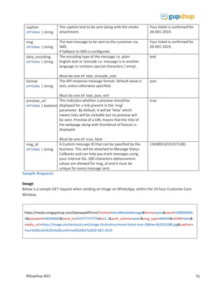 71
©Gupshup 2021
caption
OPTIONAL | string
The caption text to be sent along with the media
attachment.
Your ticket is confirmed for
20-DEC-2019.
msg
OPTIONAL | string
The text message to be sent to the customer via
SMS
if fallback to SMS is configured.
Your ticket is confirmed for
20-DEC-2019.
data_encoding
OPTIONAL | string
The encoding type of the message i.e. plain
English text or Unicode i.e. message is in another
language or contains special characters / emoji .
Must be one of: text, Unicode_text
text
format
OPTIONAL | string
The API response message format. Default value is
text, unless otherwise specified.
Must be one of: text, json, xml
json
preview_url
OPTIONAL | boolean
This indicates whether a preview should be
displayed for a link present in the ‘msg’
parameter. By default, it will be ‘false’ which
means links will be clickable but no preview will
be seen. Preview of a URL means that the title of
the webpage along with thumbnail of favicon is
displayed.
Must be one of: true, false
true
msg_id
OPTIONAL | string
A Custom message ID that can be specified by the
business. This will be attached to Message Status
Callbacks and can help you track messages using
your internal IDs. 200 characters alphanumeric
values are allowed for msg_id and it must be
unique for every message sent.
134389132153571381
Sample Requests
Image
Below is a sample GET request when sending an image on WhatsApp, within the 24 hour Customer Care
Window.
https://media.smsgupshup.com/GatewayAPI/rest?method=SendMediaMessage&format=json&userid=2000XXXXX
X&password=XXXXXXXX&send_to=919777777778&v=1.1&auth_scheme=plain&msg_type=IMAGE&isHSM=false&
media_url=https://image.shutterstock.com/image-illustration/movie-ticket-icon-260nw-663331288.jpg&caption=
Your%20ticket%20is%20confirmed%20for%2020-DEC-2019
 