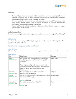 76
©Gupshup 2021
Please note:
 The “userid” parameter is mandatory and its value is to be sent in an unencrypted format. All
the other parameters must be sent in encrypted format using AES 256 encryption and base64
encoded with the Key shared, in the “encrdata” parameter.
 You must use the key generated for your enterprise account to encrypt API parameter values
when sending the API request. Once the request is received by Gupshup, the payload is
decrypted by Gupshup and sent ahead to WhatsApp.
 Please read Appendix A for detailed steps and code samples on how to encrypt the payload
before sending an API request.

Send a Contact Card
The method for sending a contact card in response to a customer’s inbound message is “SendMessage”.
API Endpoint
To send a contact card message on WhatsApp in response to a customer’s inbound message, the API
request is made to this endpoint:
https://media.smsgupshup.com/GatewayAPI/rest
Request Headers
Content-Type application/x-www-form-urlencoded
Request Body
Key Description Example
userid
REQUIRED | string
The userid of your Gupshup account. The number
must be in pure numeric format with no special
characters.
Note: Gupshup will provide separate userid and
password to send Customer Support reply messages,
it will not be the same as the userid to send
Notifications.
2000155005
password
REQUIRED | string
The password of your Gupshup account for
authentication of the userid
sh1gw4e
method
REQUIRED | string
The API method to perform a specific action i.e. send
a message on WhatsApp
Must be: SendMessage
SendMessage
auth_scheme
REQUIRED | string
The authentication scheme of the API.
Must be: plain
Plain
 