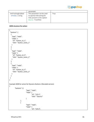 95
©Gupshup 2021
parameter.
linkTrackingEnabled
OPTIONAL | string
This parameter can be used
to specify linktracking for
links present in the caption
Must be : True/false
True
JSON structure for action:
{
"buttons": [
{
"type": "reply",
"reply": {
"id": "button_id_1",
"title": "button_name_1"
}
},
{
"type": "reply",
"reply": {
"id": "button_id_2",
"title": "button_name_2"
}
},
{
"type": "reply",
"reply": {
"id": "button_id_3",
"title": "button_name_3"
}
}
]
}
Example JSON for action for Dynamic Buttons: (Decoded version)
{
"buttons": [{
"type": "reply",
"reply": {
"id": "123-1",
"title": "Electric"
}
},
{
"type": "reply",
"reply": {
"id": "123-2",
 