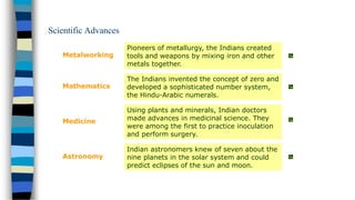Mathematics
Medicine
Astronomy
Metalworking
Pioneers of metallurgy, the Indians created
tools and weapons by mixing iron and other
metals together.
The Indians invented the concept of zero and
developed a sophisticated number system,
the Hindu-Arabic numerals.
Using plants and minerals, Indian doctors
made advances in medicinal science. They
were among the first to practice inoculation
and perform surgery.
Indian astronomers knew of seven about the
nine planets in the solar system and could
predict eclipses of the sun and moon.
Scientific Advances
 