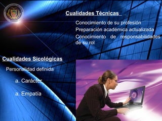 Cualidades Técnicas
Conocimiento de responsabilidades
de su rol
Conocimiento de su profesión
Preparación académica actualizada
Cualidades Sicológicas
Personalidad definida
a. Carácter
a. Empatía
 