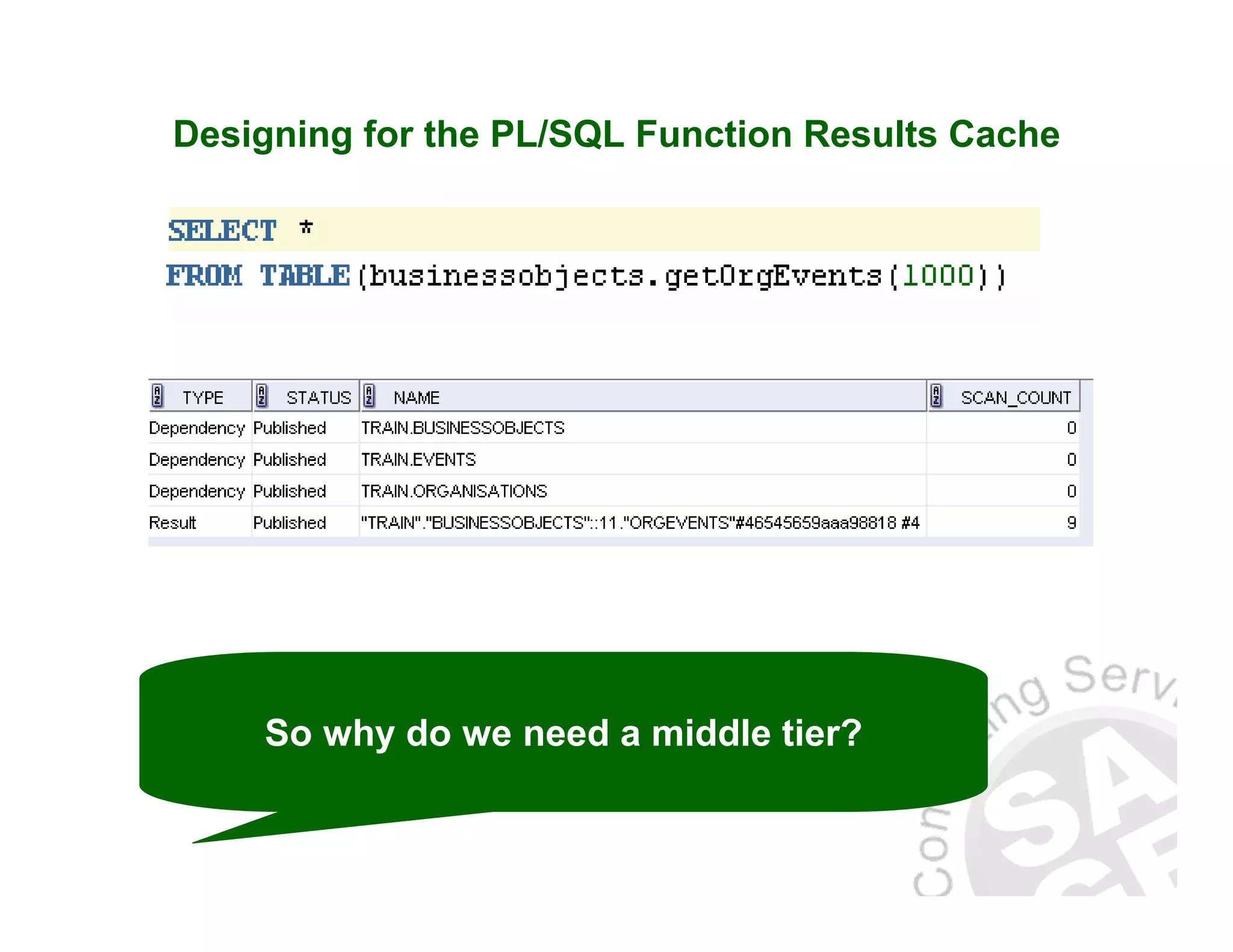 Designing for the PL/SQL Function Results Cache So why do we need a middle tier? 