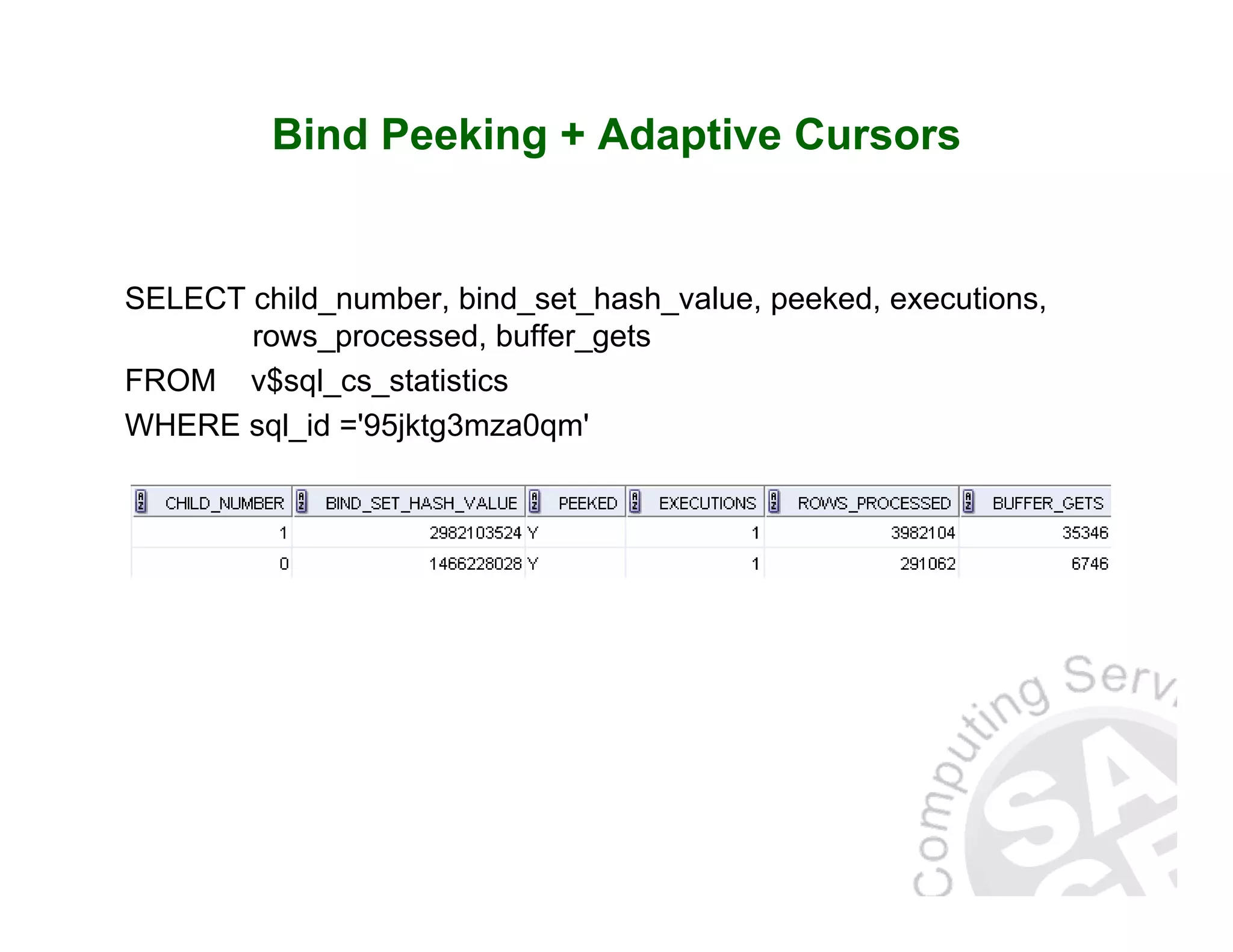 Bind Peeking + Adaptive Cursors SELECT child_number, bind_set_hash_value, peeked, executions, rows_processed, buffer_gets FROM v$sql_cs_statistics WHERE sql_id ='95jktg3mza0qm' 