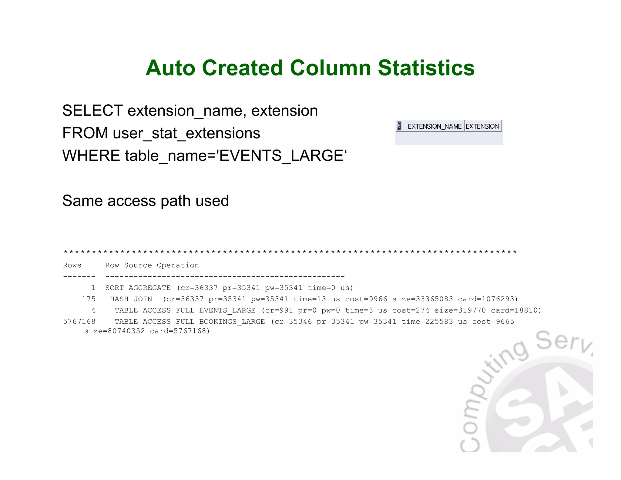 Auto Created Column Statistics SELECT extension_name, extension FROM user_stat_extensions WHERE table_name='EVENTS_LARGE‘ Same access path used ******************************************************************************** Rows Row Source Operation ------- --------------------------------------------------- 1 SORT AGGREGATE (cr=36337 pr=35341 pw=35341 time=0 us) 175 HASH JOIN (cr=36337 pr=35341 pw=35341 time=13 us cost=9966 size=33365083 card=1076293) 4 TABLE ACCESS FULL EVENTS_LARGE (cr=991 pr=0 pw=0 time=3 us cost=274 size=319770 card=18810) 5767168 TABLE ACCESS FULL BOOKINGS_LARGE (cr=35346 pr=35341 pw=35341 time=225583 us cost=9665 size=80740352 card=5767168) 