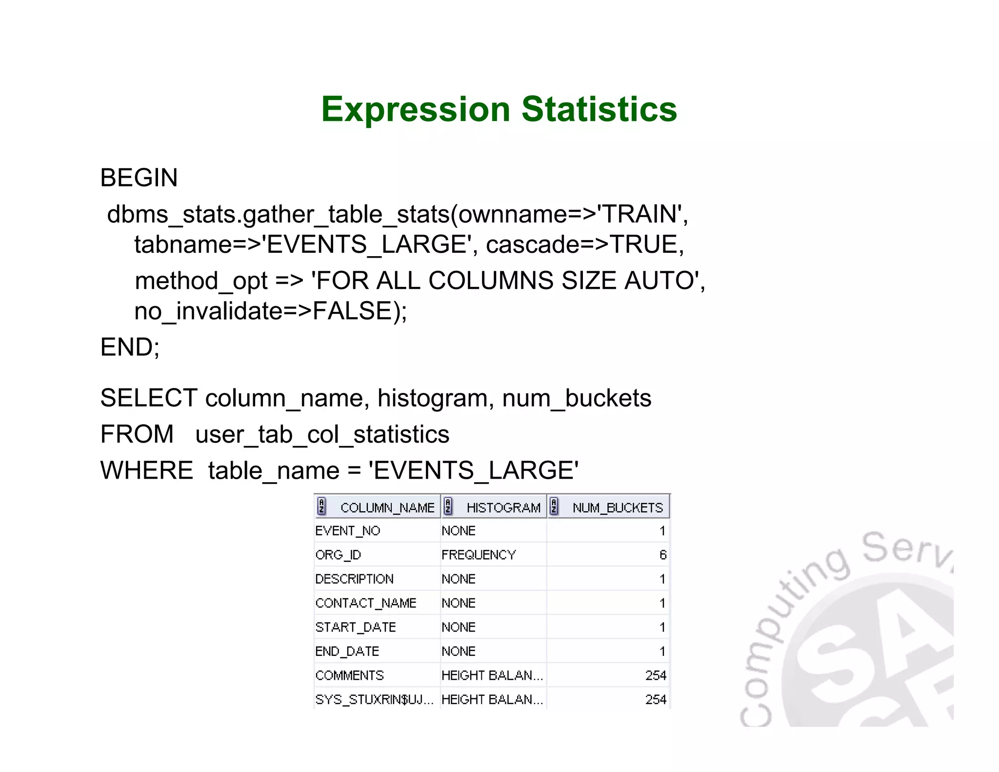Expression Statistics BEGIN dbms_stats.gather_table_stats(ownname=>'TRAIN', tabname=>'EVENTS_LARGE', cascade=>TRUE, method_opt => 'FOR ALL COLUMNS SIZE AUTO', no_invalidate=>FALSE); END; SELECT column_name, histogram, num_buckets FROM user_tab_col_statistics WHERE table_name = 'EVENTS_LARGE' 