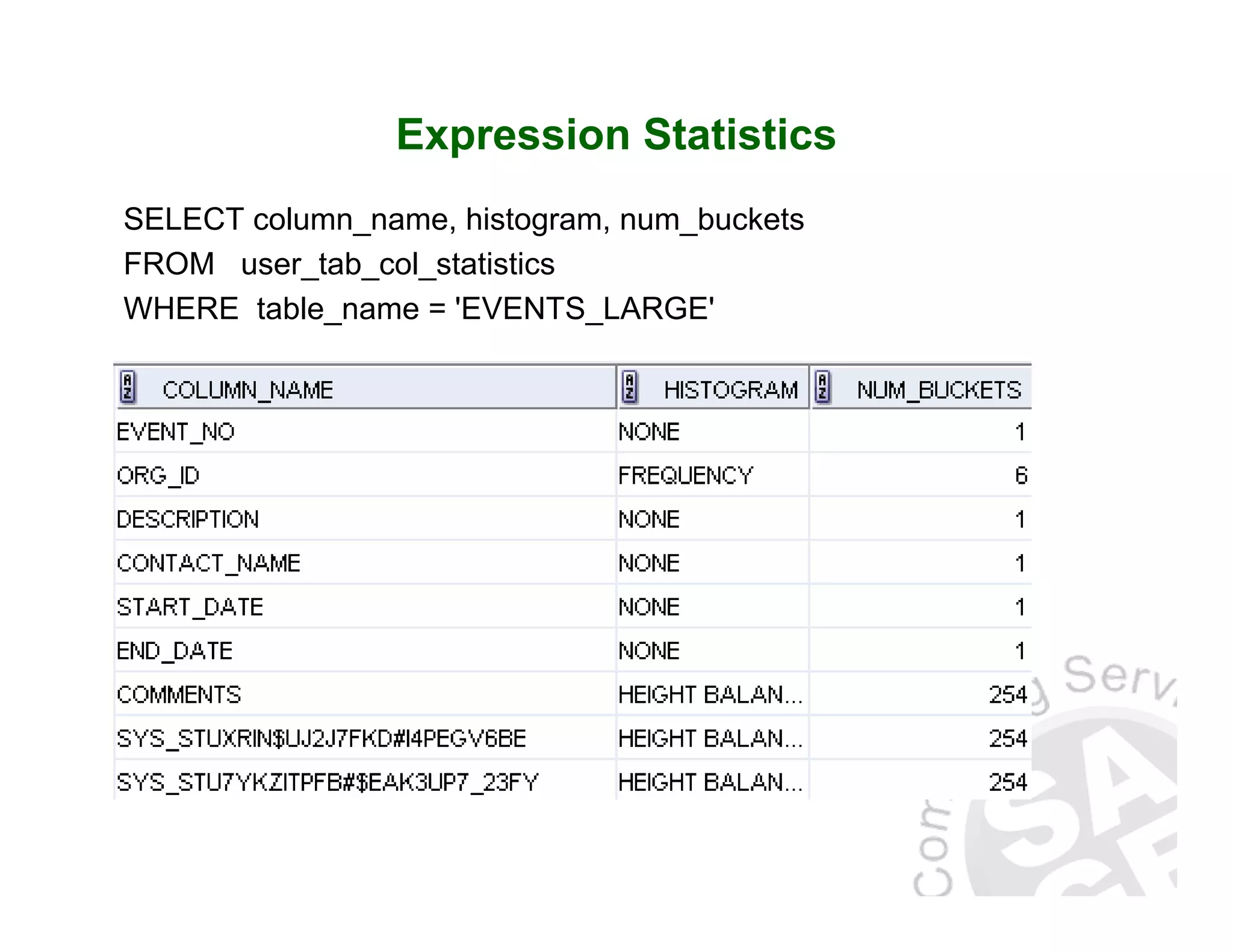 Expression Statistics SELECT column_name, histogram, num_buckets FROM user_tab_col_statistics WHERE table_name = 'EVENTS_LARGE' 