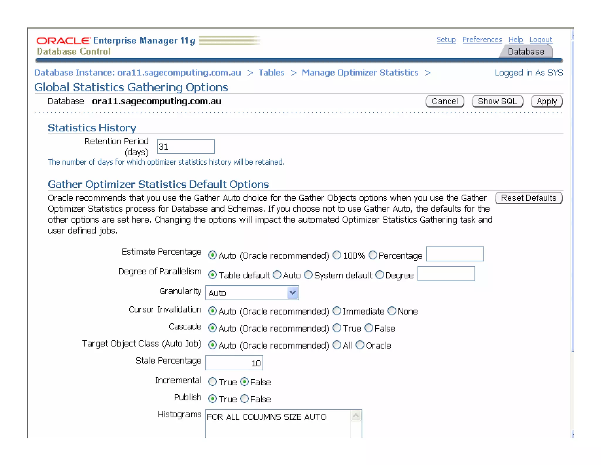 Setting Statistics Gathering Defaults 