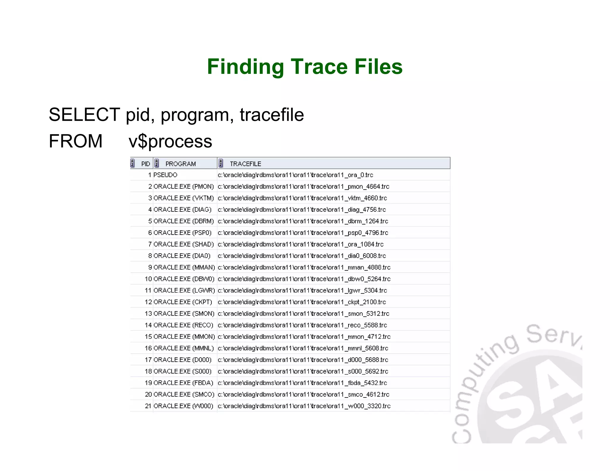 Finding Trace Files SELECT pid, program, tracefile FROM v$process 