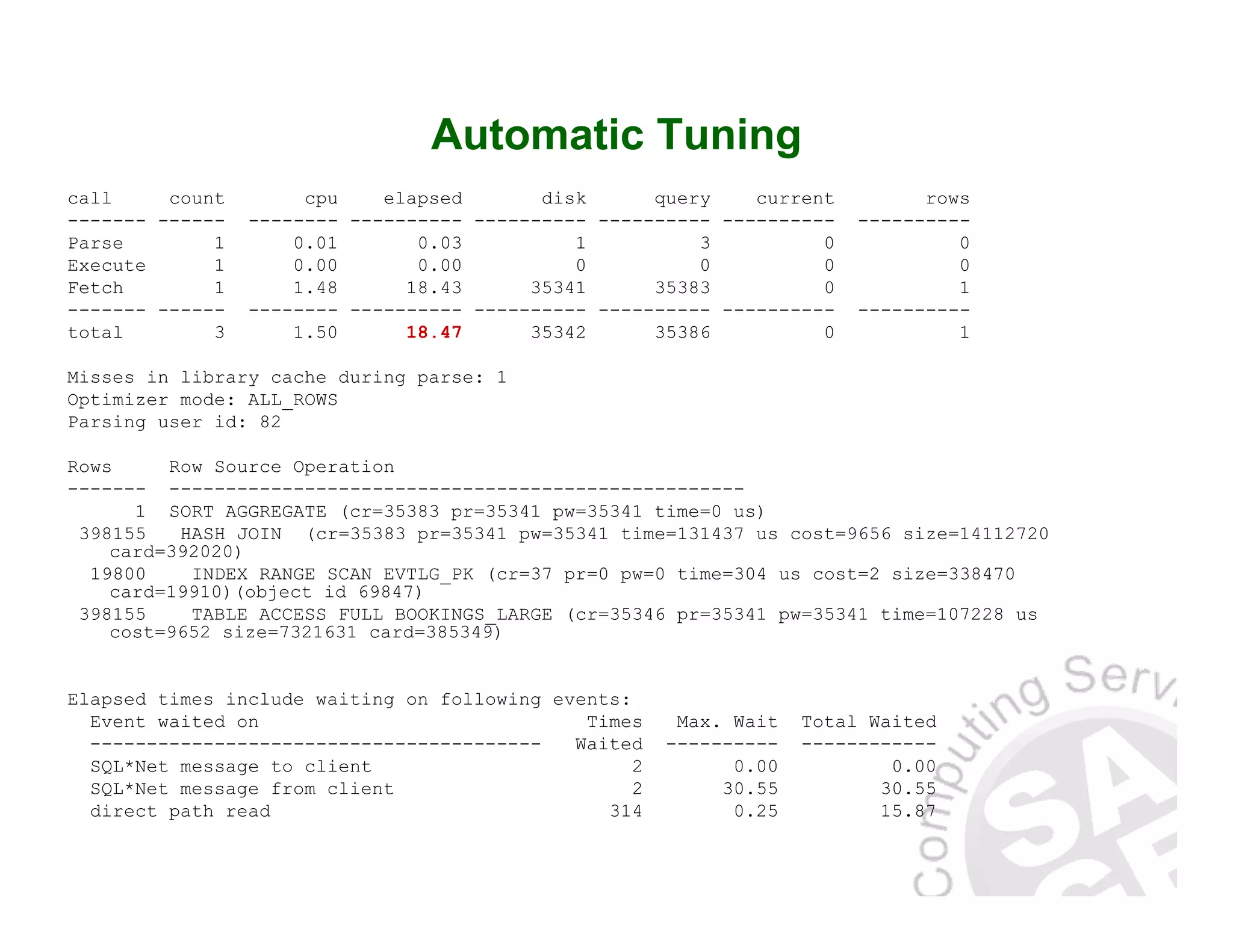 Automatic Tuning call count cpu elapsed disk query current rows ------- ------ -------- ---------- ---------- ---------- ---------- ---------- Parse 1 0.01 0.03 1 3 0 0 Execute 1 0.00 0.00 0 0 0 0 Fetch 1 1.48 18.43 35341 35383 0 1 ------- ------ -------- ---------- ---------- ---------- ---------- ---------- total 3 1.50 18.47 35342 35386 0 1 Misses in library cache during parse: 1 Optimizer mode: ALL_ROWS Parsing user id: 82 Rows Row Source Operation ------- --------------------------------------------------- 1 SORT AGGREGATE (cr=35383 pr=35341 pw=35341 time=0 us) 398155 HASH JOIN (cr=35383 pr=35341 pw=35341 time=131437 us cost=9656 size=14112720 card=392020) 19800 INDEX RANGE SCAN EVTLG_PK (cr=37 pr=0 pw=0 time=304 us cost=2 size=338470 card=19910)(object id 69847) 398155 TABLE ACCESS FULL BOOKINGS_LARGE (cr=35346 pr=35341 pw=35341 time=107228 us cost=9652 size=7321631 card=385349) Elapsed times include waiting on following events: Event waited on Times Max. Wait Total Waited ---------------------------------------- Waited ---------- ------------ SQL*Net message to client 2 0.00 0.00 SQL*Net message from client 2 30.55 30.55 direct path read 314 0.25 15.87 