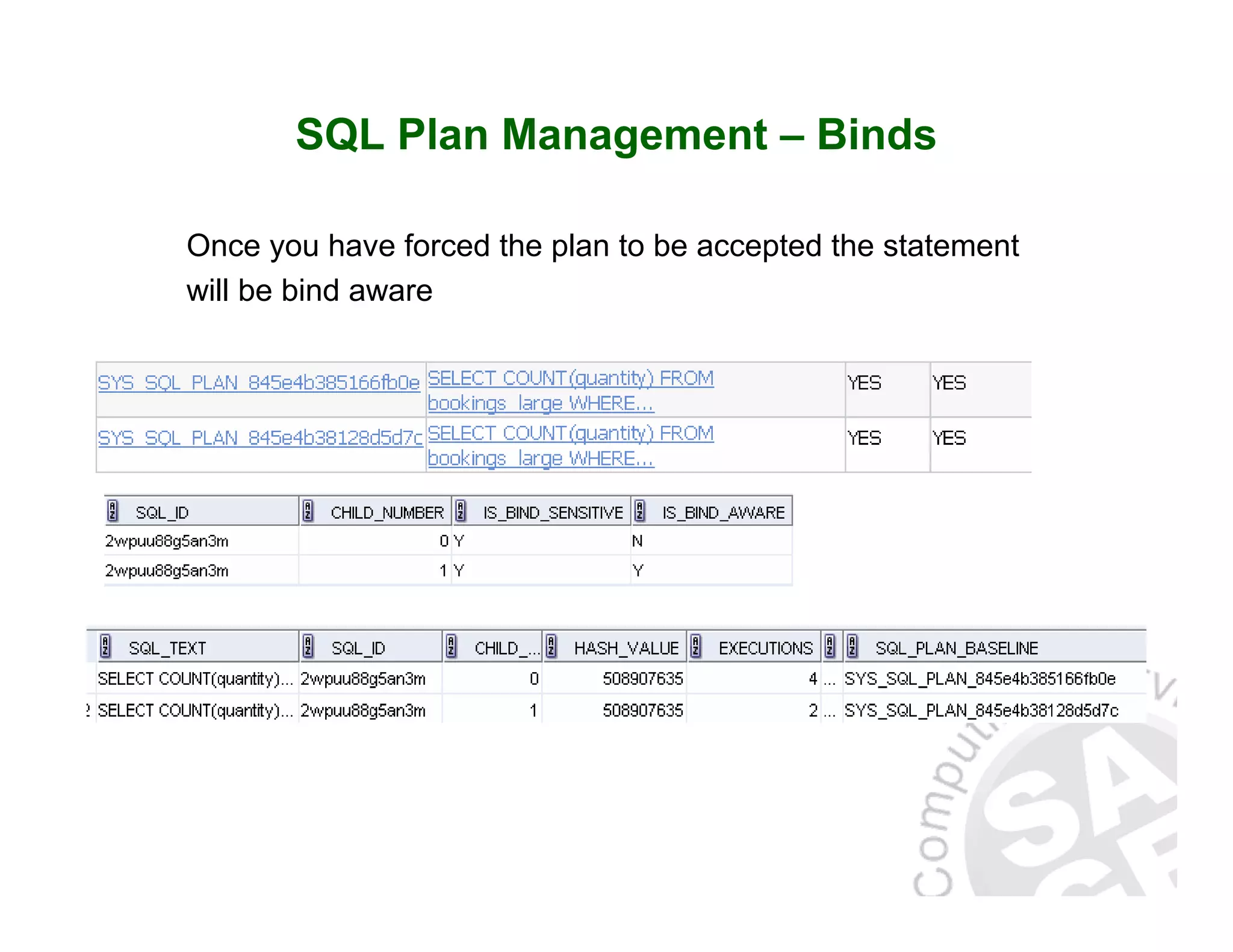 SQL Plan Management – Binds Once you have forced the plan to be accepted the statement will be bind aware 