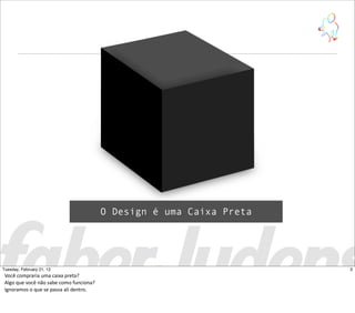 O Design é uma Caixa Preta
3Tuesday, February 21, 12
Você  compraria  uma  caixa  preta?
Algo  que  você  não  sabe  como  funciona?
Ignoramos  o  que  se  passa  ali  dentro.
 