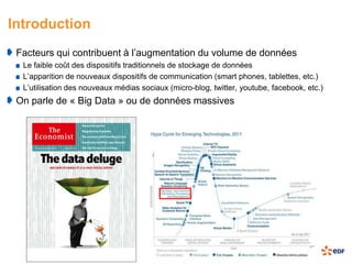 Introduction
 Facteurs qui contribuent à l’augmentation du volume de données
  Le faible coût des dispositifs traditionnels de stockage de données
  L’apparition de nouveaux dispositifs de communication (smart phones, tablettes, etc.)
  L’utilisation des nouveaux médias sociaux (micro-blog, twitter, youtube, facebook, etc.)
 On parle de « Big Data » ou de données massives
 