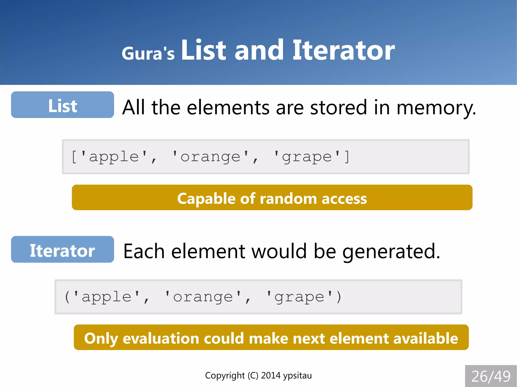Copyright (C) 2014 ypsitau 26/49
Gura's List and Iterator
List
Iterator
['apple', 'orange', 'grape']
('apple', 'orange', 'grape')
All the elements are stored in memory.
Each element would be generated.
Capable of random access
Only evaluation could make next element available
 