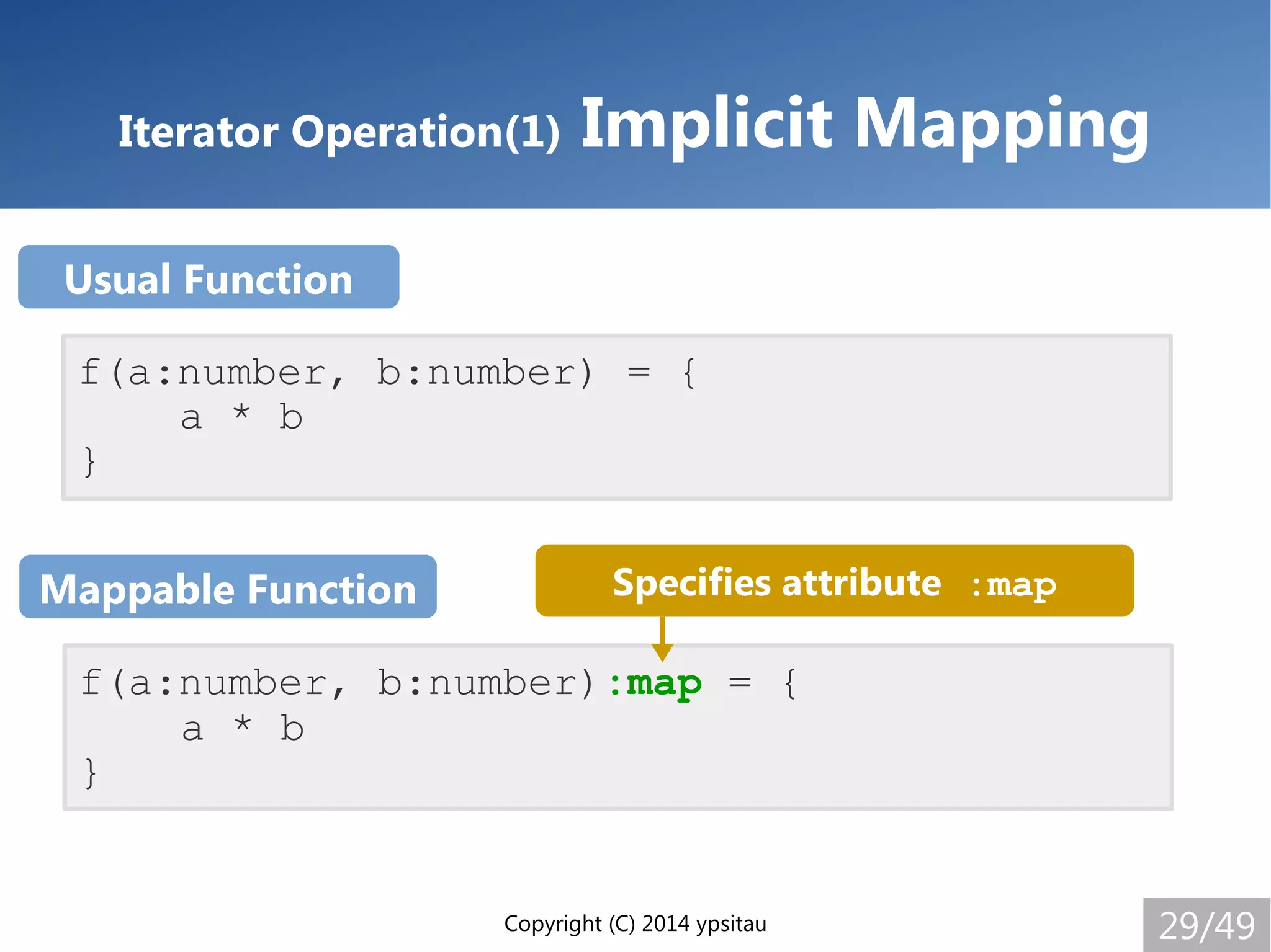 Copyright (C) 2014 ypsitau 29/49
Iterator Operation(1) Implicit Mapping
f(a:number, b:number) = {
a * b
}
Usual Function
f(a:number, b:number):map = {
a * b
}
Mappable Function Specifies attribute :map
 