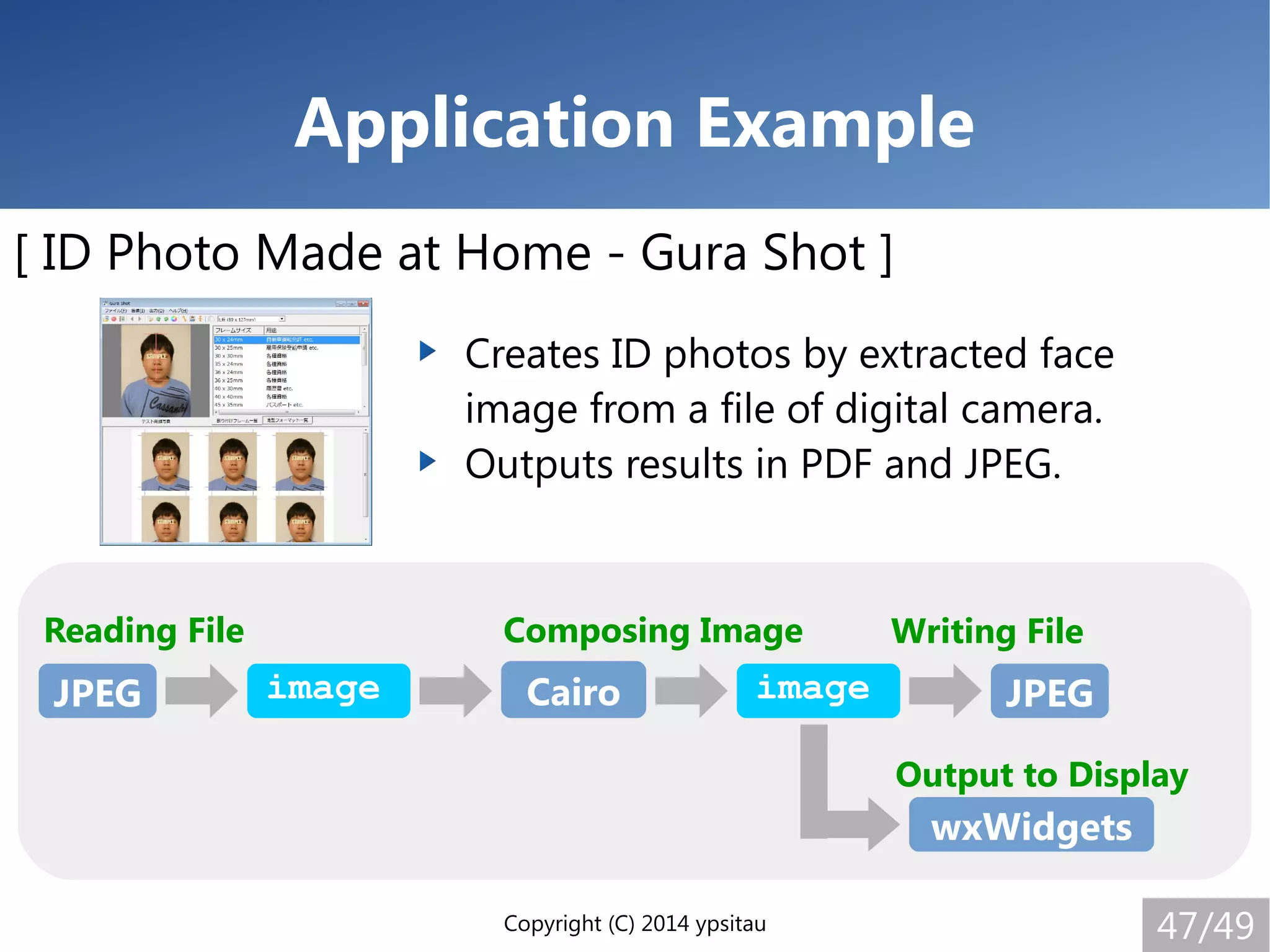 Copyright (C) 2014 ypsitau 47/49
Application Example
[ ID Photo Made at Home - Gura Shot ]
Creates ID photos by extracted face
image from a file of digital camera.
Outputs results in PDF and JPEG.
JPEG image Cairo image JPEG
wxWidgets
Reading File Composing Image Writing File
Output to Display
 
