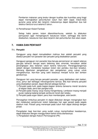 TTG BUDIDAYA PERIKANAN

Pemberian makanan yang teratur dengan kualitas dan kuantitas yang tinggi
dapat meningkatkan pertumbuhan tubuh ikan lebih cepat. Induk-induk
gurame yang sehat dan terjamin makanannya dapat dipijahkan dua kali
setahun berturut-turut selama 5 tahun.
4) Pemeliharaan Kolam/Tambak
Setiap habis panen, kolam dibersihkan/kuras. setelah itu dilakukan
pemupukan agar mempengaruhi kesuburan kolam, sehingga bila benih
disebarkan, kesuburan ikan akan terjamin dan pertumbuhan ikan akan cepat.

7.

HAMA DAN PENYAKIT

7.1. Penyakit
Gangguan yang dapat menyebabkan matinya ikan adalah penyakit yang
disebut penyakit non parasiter dan penyakit yang disebabkan parasit.
Gangguan-gangguan non parasiter bisa berupa pencemaran air seperti adanya
gas-gas beracun berupa asam belerang atau amoniak; kerusakan akibat
penangkapan atau kelainan tubuh karena keturunan. Penanggulangannya
adalah dengan mendeteksi keadaan kolam dan perilaku ikan-ikan tersebut.
Memang diperlukan pengetahuan dan pengalaman yang cukup untuk
mengetahuinya. ikan-ikan yang sakit biasanya menjadi kurus dan lamban
gerakannya.
Gangguan lain yang berupa penyakit parasiter, yang diakibatkan oleh bakteri,
virus, jamur dan berbagai mikroorganisme lainnya. Bila ikan terkena penyakit
yang disebabkan parasit, dapat dikenali sebagai berikut:
1) Penyakit pada kulit; pada bagian-bagian tertentu berwarna merah terutama
di bagian dada, perut dan pangkal sirip.
2) Penyakit pada insang; tutup insang mengembang. Lembaran insang menjadi
pucat, kadang-kadang tampak semburat merah dan kelabu
3) Penyakit pada organ dalam; perut ikan membengkak, sisik berdiri.
Pencegahan timbulnya penyakit ini dapat dilakukan dengan mengangkat ikan
dan melakukan penjemuran kolam beberapa hari agar parasit pada segala
stadium mati. Parasit yang menempel pada tubuh ikan dapat disiangi dengan
pinset.
Pengobatan bagi ikan-ikan yang sudah cukup memprihatikan keadaannya,
dapat dilakukan dengan menggunakan bahan kimia diantaranya:
1) Pengobatan dengan Kalium Permanganat (PK)

Hal. 7/ 12
Kantor Deputi Menegristek Bidang Pendayagunaan dan Pemasyarakatan Ilmu Pengetahuan dan Teknologi
Gedung II BPP Teknologi Lantai 6, Jl. M.H. Thamrin 8 Jakarta 10340
Tel. 021 316 9166~69, Fax. 021 316 1952, http://www.ristek.go.id

 