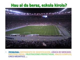 Hau al da beraz, eskola kirola? PROBLEMA:   SENTIMIENTO DE IDENTIFICACION,  LÓGICA DE MERCADO , PRESTIGIO SOCIAL,  FRUSTRACIONES PROYECTADAS , MALOS EJEMPLOS,  CIRCO MEDIÁTICO,  … 