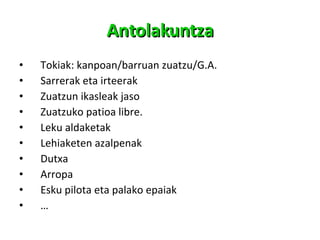 Antolakuntza Tokiak: kanpoan/barruan zuatzu/G.A. Sarrerak eta irteerak Zuatzun ikasleak jaso Zuatzuko patioa libre. Leku aldaketak Lehiaketen azalpenak Dutxa Arropa Esku pilota eta palako epaiak … 