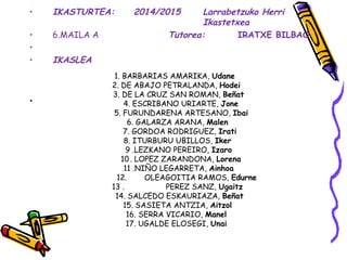 • IKASTURTEA: 2014/2015 Larrabetzuko Herri 
Ikastetxea 
• 6.MAILA A Tutorea: IRATXE BILBAO 
• 
• IKASLEA 
• 
1. BARBARIAS ...