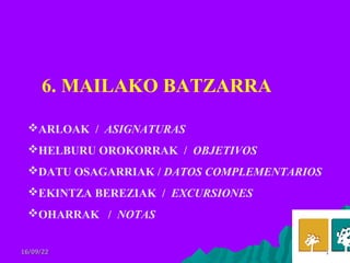 16/09/2216/09/22 11
6. MAILAKO BATZARRA
ARLOAK / ASIGNATURAS
HELBURU OROKORRAK / OBJETIVOS
DATU OSAGARRIAK / DATOS COMPLEMENTARIOS
EKINTZA BEREZIAK / EXCURSIONES
OHARRAK / NOTAS
 