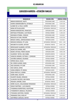 IES URIBARRI BHI
18
GURASOEN HARRERA –ATENCIÓN FAMILIAS
IRAKASLEA EGUNA-DÍA ORDUA-HORA
1 ABRAIN RODRIGUEZ, MAITE ASTELEHENA-LUNES 12.25-13.20
2 AGIRRE GANDARIASBEITIA, ESTIBALIZ ASTELEHENA-LUNES 12.25-13.20
3 ALZIBAR DE LA CRUZ, ZURIÑE ASTEAZKENA- MIERCOLES 9:10-10:05
4 ARANA RETOLAZA,ASIER ASTEAZKENA- MIERCOLES 12:25-13:20
5 ARANDIA BENGOECHEA, FRANCISCA OSTEGUNA-JUEVES 10:05- 11:00
6 ARETXAGA ETXEGARAI, LUIS MIGUEL OSTIRALA-VIERNES 11.30-12.25
7 AZKUNAGA ATXABAL, IZASKUN ASTELEHENA-LUNES 9.10-10.05
8 BASALDUA ALTUNA, NAGORE OSTIRALA-VIERNES 12:25-13:20
9 BERAZA CORRAL, AINHOA/AINARA ITURBE OSTEGUNA-JUEVES 9.10-10.05
10 BERDASCO BENGOA, Mª LUISA ASTEAZKENA- MIERCOLES 10:05 - 11:00
11 BERIZBEITIA EGUREN, ANTXON ASTEARTEA- MARTES 10:05- 11:00
12 BERROJALBIZ OLABARRI, GOTZON ASTEAZKENA- MIERCOLES 11:30-12:25
13 BILBAO RUI-WAMBA, IKER OSTEGUNA-JUEVES 9:10-10:05
14 BILBAO URTIAGA, MIREN JOSUNE OSTEGUNA-JUEVES 10:05-11:00
15 CALDERON MATEO, ANA ISABEL ASTEARTEA-MARTES 11:30-12:25
16 CAMACHO HERNÁN, VICTORIA + COMEDOR OSTEGUNA-JUEVES 10:05 - 11:00
17 CASTAÑO GARRIDO, EDUARDO OSTIRALA-VIERNES 12:25-13:20
18 CEPEDA AZULA, OLGA / OSTEGUNA-JUEVES 9.10-10.05
19 DEL CERRO ALONSO, RAKEL ASTELEHENA-LUNES 10:05-11:00
20 DIAZ GOIKURIA, Mª JOSÉ ASTELEHENA-LUNES 9.10-10.05
21 DIEZ GARCIA, DIMAS ASTEAZKENA- MIERCOLES 9:10-10:05
22 DURAN AMBROS, Mª AMADA OSTEGUNA-JUEVES 12.25-13.20
23 EDESA PORTILLO, JOSEBA ASTEAZKENA- MIERCOLES 10:05-11:00
24 EGAÑA ABAD, AGUSTIN ASTELEHENA-LUNES 12.25-13.20
25 EGUIARTE BILBAO, AMAGOIA OSTIRALA-VIERNES 10:05-11:00
26 ELLAKURIA SALCEDO, ANA MARIA ASTELEHENA-LUNES 10:05-11:00
27 ENSUNZA LARRABE, IDOIA ASTEARTEA- MARTES 9:10-10:05
28 EREÑO CELAYA, JOSU/GORANE FERNANDEZ ASTEAZKENA- MIERCOLES 10:05-11:00
29 ERRAIZ MARTÍNEZ, LUIS IGNACIO OSTIRALA-VIERNES 10:05-11:00
30 ETXEBARRIA REMENTERIA, AGURTZANE ASTEARTEA- MARTES 12.25-13.20
31 ETXEBARRIETA ABASOLO, MILAGROS OSTIRALA-VIERNES 11:30-12:25
32 ETXEGARAI ZAPATERO, MAIDER ASTEAZKENA- MIERCOLES 11:30-12:25
33 FERNANDEZ DÍAZ, ROSA Mª ASTELEHENA-LUNES 9:10-10:05
34 GAZTAÑAGA LADISLAO, IRATXE OSTIRALA-VIERNES 11:30-12.25
 