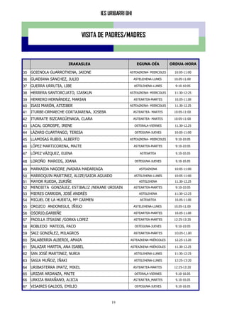 IES URIBARRI BHI
19
VISITA DE PADRES/MADRES
IRAKASLEA EGUNA-DÍA ORDUA-HORA
35 GOIENOLA GUARROTXENA, JAIONE ASTEAZKENA- MIERCOLES 10:05-11:00
36 GUADIANA SANCHEZ, JULIO ASTELEHENA-LUNES 10.05-11.00
37 GUERRA URRUTIA, LIBE ASTELEHENA-LUNES 9:10-10:05
38 HERRERA SANTORCUATO, IZASKUN ASTEAZKENA- MIERCOLES 11:30-12:25
39 HERRERO HERNÁNDEZ, MARIAN ASTEARTEA-MARTES 10.05-11.00
40 ISASI MARÓN, AITZIBER ASTEAZKENA- MIERCOLES 11.30-12.25
41 ITURBE-ORMAECHE CORTAJARENA, JOSEBA ASTEARTEA- MARTES 10:05-11:00
42 ITURRATE BIZCARGÜENAGA, CLARA ASTEARTEA- MARTES 10:05-11:00
43 LACAL GOROSPE, IRENE OSTIRALA-VIERNES 11.30-12.25
44 LÁZARO CUARTANGO, TERESA OSTEGUNA-JUEVES 10:05-11:00
45 LLAMOSAS RUBIO, ALBERTO ASTEAZKENA- MIERCOLES 9:10-10:05
46 LÓPEZ MARTICORENA, MAITE ASTEARTEA-MARTES 9:10-10:05
47 LÓPEZ VÁZQUEZ, ELENA ASTEARTEA 9.10-10.05
48 LOROÑO MARCOS, JOANA OSTEGUNA-JUEVES 9.10-10.05
49 MARKAIDA NAGORE /NAIARA MADARIAGA ASTEAZKENA 10:05-11:00
50 MARROQUIN MARTINEZ, ALIZE/SAIOA AGUADO ASTELEHENA-LUNES 10:05-11:00
51 MAYOR RUEDA, ZURIÑE ASTELEHENA 11.30-12.25
52 MENDIETA GONZÁLEZ, ESTIBALIZ /NEKANE URDIAIN ASTEARTEA-MARTES 9:10-10:05
53 MIERES CARRION, JOSÉ ANDRÉS ASTELEHENA 11:30-12:25
54 MIGUEL DE LA HUERTA, Mª CARMEN ASTEARTEA 10.05-11.00
55 OROZCO ANDONEGUI, IÑIGO ASTELEHENA-LUNES 10.05-11.00
56 OSORIO,GARBIÑE ASTEARTEA-MARTES 10.05-11.00
57 PADILLA ITSASNE /GORKA LOPEZ ASTEARTEA-MARTES 12:25-13:20
58 ROBLEDO MATEOS, PACO OSTEGUNA-JUEVES 9:10-10:05
59 SAIZ GONZÁLEZ, MILAGROS ASTEARTEA-MARTES 1O.05-11.00
60 SALABERRIA ALBERDI, AMAIA ASTEAZKENA-MIÉRCOLES 12.25-13.20
61 SALAZAR MARTIN, ANA ISABEL ASTEAZKENA-MIÉRCOLES 11.30-12.25
62 SAN JOSÉ MARTINEZ, NURIA ASTELEHENA-LUNES 11:30-12:25
63 SASIA MUÑOZ, IÑAKI ASTELEHENA-LUNES 12:25-13:20
64 URIBASTERRA IMATZ, MIKEL ASTEARTEA-MARTES 12:25-13:20
65 URIZAR ARDANZA, MAITE OSTIRALA-VIERNES 9.10-10.05
66 URKIZA BARAÑANO, ALICIA ASTEARTEA_MARTES 9.10-10.05
67 VISAIRES GALDOS, EMILIO OSTEGUNA-JUEVES 9.10-10.05
 