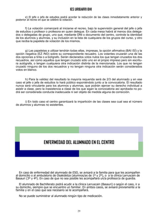 IES URIBARRI BHI
29
e) El jefe o jefa de estudios podrá acordar la reducción de las clases inmediatamente anterior y
posterior al recreo en que se celebre la votación.
f) La votación comenzará al iniciarse el recreo, bajo la supervisión general del jefe o jefa
de estudios o profesor o profesora en quien delegue. En cada mesa habrá al menos dos delega-
dos o delegadas de grupo, uno que, mediante DNI o documento del centro, controle la identidad
de los alumnos y alumnas, y su inclusión en la lista de cualquiera de los grupos del curso, y otro
que reciba la papeleta de votación de los mismos.
g) Las papeletas a utilizar tendrán todas ellas, impresas, la opción afirmativa (BAI /SÍ) y la
opción negativa (EZ /NO) sobre su correspondiente recuadro. Los votantes cruzarán una de las
dos opciones a tinta o a bolígrafo. Serán declarados votos nulos los que tengan cruzados los dos
recuadros, así como aquellos que tengan cruzado sólo uno en el propio impreso pero sin escritu-
ra autógrafa, o tengan cualquiera otra indicación distinta de la mencionada. Los que no tengan
cruzado ninguno de los dos recuadros y no tengan ninguna otra indicación serán considerados
votos en blanco.
h) Para la validez del resultado la mayoría requerida será de 2/3 del alumnado y en ese
caso el jefe o jefa de estudios lo hará público exponiéndolo junto a la convocatoria. El resultado
nunca será vinculante para los alumnos y alumnas, que podrán ejercer su derecho individual a
asistir a clase, pero la inasistencia a clase de los que sigan la convocatoria así aprobada no po-
drá ser considerada conducta inadecuada ni ser objeto de medida alguna de corrección.
i) En todo caso el centro garantizará la impartición de las clases sea cual sea el número
de alumnos y alumnas no asistentes.
En caso de enfermedad del alumnado de ESO, se avisará a la familia para que les acompañen
al domicilio o al ambulatorio de Osakidetza (alumnos/as de 1º y 2º), o a la clínica Larruscain de
Basauri (3º y 4º). En caso de que no sea posible les acompañará un/a profesor/a de guardia.
El alumnado de Bachillerato podrá acudir a la clínica Larruscain (Basauri) o según el caso, ir a
su domicilio, siempre que se encuentre un familiar. En ambos casos, se avisará previamente a la
familia y en el caso que sea necesario se le acompañará.
No se puede suministrar al alumnado ningún tipo de medicación.
ENFERMEDAD DEL ALUMNADO EN EL CENTRO
 
