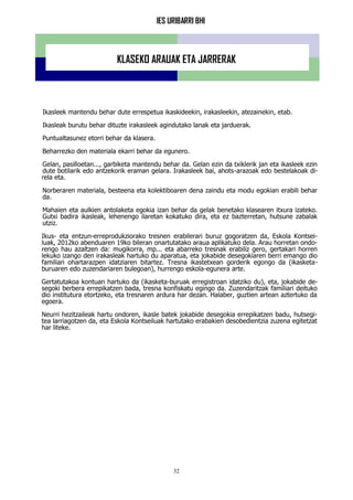 IES URIBARRI BHI
32
KLASEKO ARAUAK ETA JARRERAK
Ikasleek mantendu behar dute errespetua ikaskideekin, irakasleekin, atezainekin, etab.
Ikasleak burutu behar dituzte irakasleek agindutako lanak eta jarduerak.
Puntualtasunez etorri behar da klasera.
Beharrezko den materiala ekarri behar da egunero.
Gelan, pasilloetan..., garbiketa mantendu behar da. Gelan ezin da txiklerik jan eta ikasleek ezin
dute botilarik edo antzekorik eraman gelara. Irakasleek bai, ahots-arazoak edo bestelakoak di-
rela eta.
Norberaren materiala, besteena eta kolektiboaren dena zaindu eta modu egokian erabili behar
da.
Mahaien eta aulkien antolaketa egokia izan behar da gelak benetako klasearen itxura izateko.
Gutxi badira ikasleak, lehenengo ilaretan kokatuko dira, eta ez bazterretan, hutsune zabalak
utziz.
Ikus- eta entzun-erreprodukziorako tresnen erabilerari buruz gogoratzen da, Eskola Kontsei-
luak, 2012ko abenduaren 19ko bileran onartutatako araua aplikatuko dela. Arau horretan ondo-
rengo hau azaltzen da: mugikorra, mp... eta abarreko tresnak erabiliz gero, gertakari horren
lekuko izango den irakasleak hartuko du aparatua, eta jokabide desegokiaren berri emango dio
familiari ohartarazpen idatziaren bitartez. Tresna ikastetxean gorderik egongo da (ikasketa-
buruaren edo zuzendariaren bulegoan), hurrengo eskola-egunera arte.
Gertatutakoa kontuan hartuko da (ikasketa-buruak erregistroan idatziko du), eta, jokabide de-
segoki berbera errepikatzen bada, tresna konfiskatu egingo da. Zuzendaritzak familiari deituko
dio institutura etortzeko, eta tresnaren ardura har dezan. Halaber, guztien artean aztertuko da
egoera.
Neurri hezitzaileak hartu ondoren, ikasle batek jokabide desegokia errepikatzen badu, hutsegi-
tea larriagotzen da, eta Eskola Kontseiluak hartutako erabakien desobedientzia zuzena egitetzat
har liteke.
 