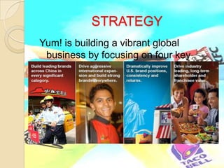 REVENUE:  USD 10.8 Billion HISTORYYum! was created on October 7, 1997, as Tricon Global Restaurants, Inc. Tricon Global Restaurants, Inc. an independent company, as a result of a spin-out from PepsiCo, which owned and franchised the KFC, Pizza Hut and Taco Bell brands worldwide.Yum! Chairman & CEO David C. Novak is a director of J.P. Morgan Chase and became chief executive officer of Yum Brands on January 1, 2000, and chairman of the board on January 1, 2001. He is also a member of the Yum! executive/finance committee.In March 2002, Tricon announced the acquisition of Lexington, Kentucky,-based Yorkshire Global Restaurants, owner of the Long John Silver's and A&W All-American Food chains and its intention to change the company's name to Yum! Brands, Inc
