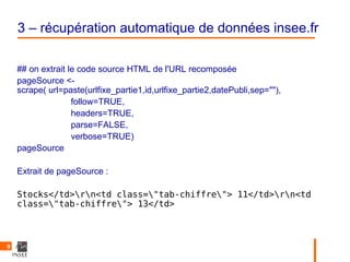 3 – récupération automatique de données insee.fr

    ## on extrait le code source HTML de l'URL recomposée
    pageSource <-
    scrape( url=paste(urlfixe_partie1,id,urlfixe_partie2,datePubli,sep=""),
                   follow=TRUE,
                   headers=TRUE,
                   parse=FALSE,
                   verbose=TRUE)
    pageSource

    Extrait de pageSource :

    Stocks</td>rn<td class="tab-chiffre"> 11</td>rn<td
    class="tab-chiffre"> 13</td>



9
 