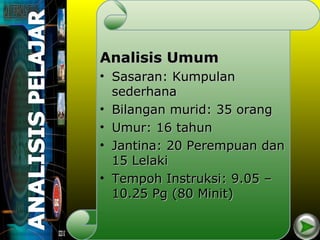 Analisis Umum
• Sasaran: Kumpulan
  sederhana
• Bilangan murid: 35 orang
• Umur: 16 tahun
• Jantina: 20 Perempuan dan
  15 Lelaki
• Tempoh Instruksi: 9.05 –
  10.25 Pg (80 Minit)
 