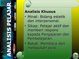 Analisis Khusus
• Minat: Bidang estetik
  dan interpersonal.
• Sikap: Pelajar aktif dan
  memberi respons
  kepada Pengajaran dan
  Pembelajaran.
• Bakat: Membaca dan
  melagukan puisi.
 