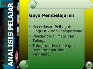Gaya Pembelajaran

• Kecerdasan Pelbagai:
  Linguistik dan Intrapersonal
• Pancaindera: Mata dan
  Telinga
• Tahap motivasi pelajar:
  Bersemangat dan
  berminat.
 