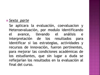  Sexta

parte
Se aplicara la evaluación, coevaluacion y
Heteroevaluación, por modulo identificando
el
avance,
llevando
el
análisis
e
interpretación de los resultados para
identificar si las estrategias, actividades y
recursos de innovación, fueron pertinentes,
para mejorar las condiciones académicas de
los estudiantes, que sin lugar a duda se
reflejarían los resultados en la evaluación al
final del curso.

 