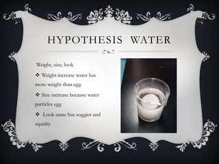 HYPOTHESIS WATER

Weight, size, look
 Weight increase water has
more weight than egg
 Size increase because water
particles egg
 Look same but soggier and
squishy
 