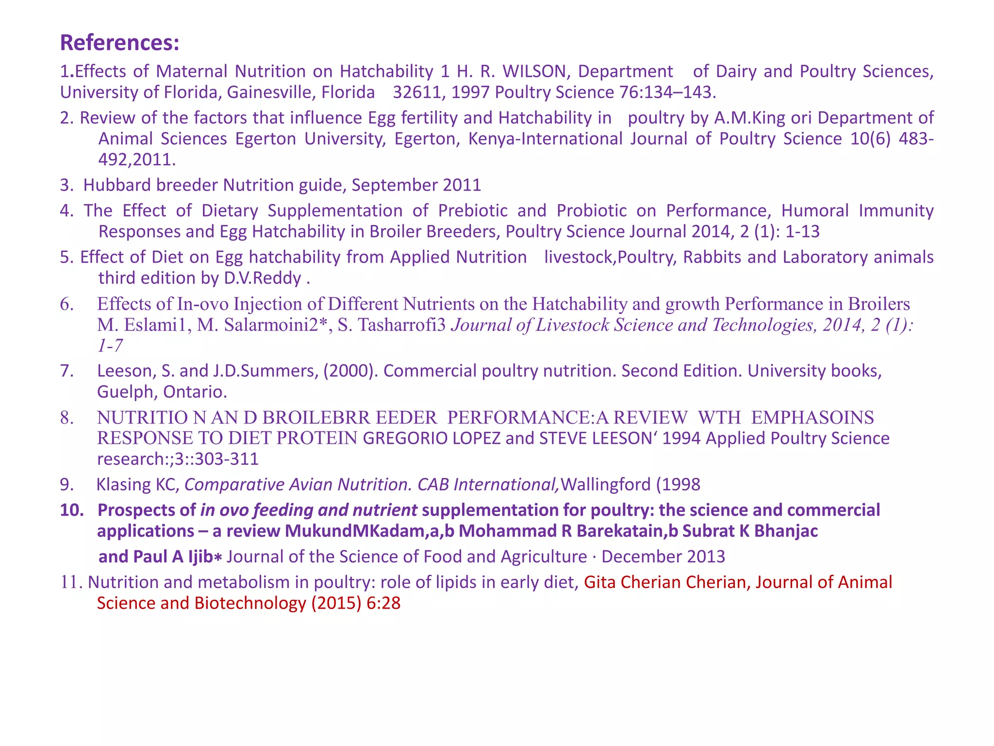 References:
1.Effects of Maternal Nutrition on Hatchability 1 H. R. WILSON, Department of Dairy and Poultry Sciences,
University of Florida, Gainesville, Florida 32611, 1997 Poultry Science 76:134–143.
2. Review of the factors that influence Egg fertility and Hatchability in poultry by A.M.King ori Department of
Animal Sciences Egerton University, Egerton, Kenya-International Journal of Poultry Science 10(6) 483-
492,2011.
3. Hubbard breeder Nutrition guide, September 2011
4. The Effect of Dietary Supplementation of Prebiotic and Probiotic on Performance, Humoral Immunity
Responses and Egg Hatchability in Broiler Breeders, Poultry Science Journal 2014, 2 (1): 1-13
5. Effect of Diet on Egg hatchability from Applied Nutrition livestock,Poultry, Rabbits and Laboratory animals
third edition by D.V.Reddy .
6. Effects of In-ovo Injection of Different Nutrients on the Hatchability and growth Performance in Broilers
M. Eslami1, M. Salarmoini2*, S. Tasharrofi3 Journal of Livestock Science and Technologies, 2014, 2 (1):
1-7
7. Leeson, S. and J.D.Summers, (2000). Commercial poultry nutrition. Second Edition. University books,
Guelph, Ontario.
8. NUTRITIO N AN D BROILEBRR EEDER PERFORMANCE:A REVIEW WTH EMPHASOINS
RESPONSE TO DIET PROTEIN GREGORIO LOPEZ and STEVE LEESON‘ 1994 Applied Poultry Science
research:;3::303-311
9. Klasing KC, Comparative Avian Nutrition. CAB International,Wallingford (1998
10. Prospects of in ovo feeding and nutrient supplementation for poultry: the science and commercial
applications – a review MukundMKadam,a,b Mohammad R Barekatain,b Subrat K Bhanjac
and Paul A Ijib∗ Journal of the Science of Food and Agriculture · December 2013
11. Nutrition and metabolism in poultry: role of lipids in early diet, Gita Cherian Cherian, Journal of Animal
Science and Biotechnology (2015) 6:28
 