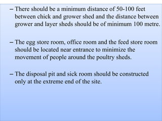 – There should be a minimum distance of 50-100 feet
between chick and grower shed and the distance between
grower and layer sheds should be of minimum 100 metre.
– The egg store room, office room and the feed store room
should be located near entrance to minimize the
movement of people around the poultry sheds.
– The disposal pit and sick room should be constructed
only at the extreme end of the site.
 