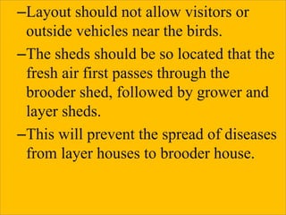 –Layout should not allow visitors or
outside vehicles near the birds.
–The sheds should be so located that the
fresh air first passes through the
brooder shed, followed by grower and
layer sheds.
–This will prevent the spread of diseases
from layer houses to brooder house.
 