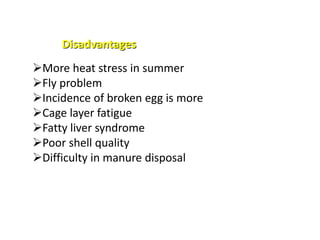 Disadvantages
More heat stress in summer
Fly problem
Incidence of broken egg is more
Cage layer fatigue
Fatty liver syndrome
Poor shell quality
Difficulty in manure disposal
 