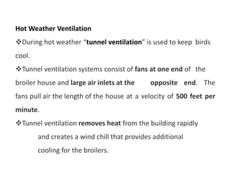 Hot Weather Ventilation
During hot weather “tunnel ventilation” is used to keep birds
cool.
Tunnel ventilation systems consist of fans at one end of the
broiler house and large air inlets at the opposite end. The
fans pull air the length of the house at a velocity of 500 feet per
minute.
Tunnel ventilation removes heat from the building rapidly
and creates a wind chill that provides additional
cooling for the broilers.
 