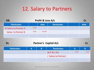 12. Salary to Partners
DR.

Profit & Loss A/c
Particulars

Amt

To Salary to Partner A

***

Particulars

Amt.

***

Salary to Partner B

Cr.

Dr.

****

Partner’s Capital A/c
Particulars

A

B

Particulars
By P & L A/c

Cr.
A
***

B
***

( Salary to Partner)

Ajay Janardan Gursale. ( M.Com.B.Ed.)

13

 